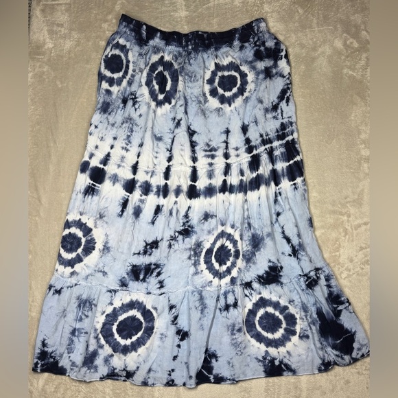 Magic Blue White Tie Dye Tiered Ruffle Lightweight MIDI Boho 100% Rayon Skirt M - Picture 9 of 13
